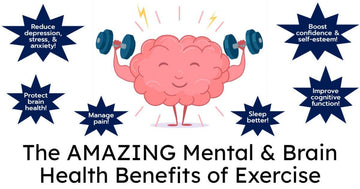 Illustration of a happy brain lifting dumbbells with benefits of exercise including reduced stress, better sleep, and improved cognition