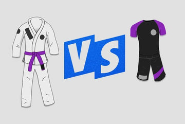 White Brazilian Jiu-Jitsu gi with purple belt versus black and purple grappling rash guard and shorts