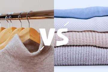Comparison of hanging sweaters on wooden hangers versus neatly folded sweaters in soft pastel colors
