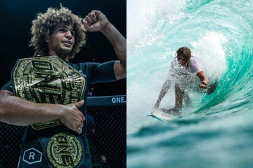 MMA champion with curly hair holding ONE Championship belt and surfer riding a blue wave tube