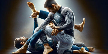 Two men wearing detailed rash guards practicing Brazilian Jiu-Jitsu grappling on mats