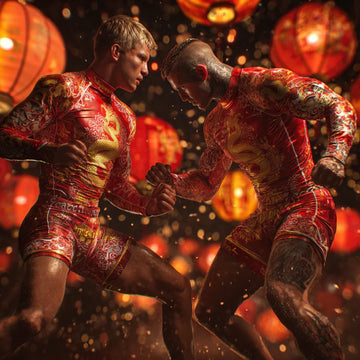 Two fighters in red dragon-patterned martial arts uniforms in a dynamic grappling pose with red Chinese lanterns in background
