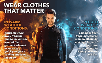 Man wearing black thermal shirt for warm and cold weather, surrounded by fire and ice effects