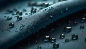 Close-up of water droplets on dark waterproof fabric with textured surface