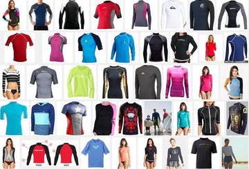 Collage of various colorful rash guards for men and women in different styles and colors