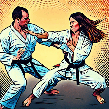 Man and woman sparring in karate gi with black belts on stylized orange background