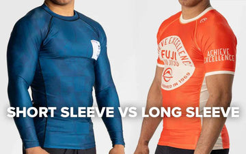 Two men modeling short sleeve and long sleeve rashguards, blue and orange, against white background