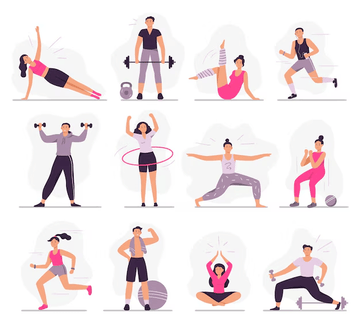 Collage of young men and women performing various fitness exercises like plank, deadlift, yoga, running, weightlifting, hula hoop, and stretching