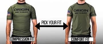 Two men wearing olive green Origin Built to Believe shirts showing compression fit on left and comfort fit on right