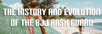 Surfer carrying surfboard on beach with text about the history and evolution of the BJJ rash guard