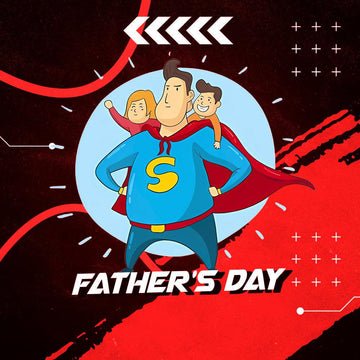 Cartoon superhero dad with two kids on his back, red cape, blue suit with S, Father's Day text
