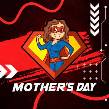 Illustration of a smiling superhero mom flexing arm in blue suit with red cape and mask on red and black background, Mother's Day