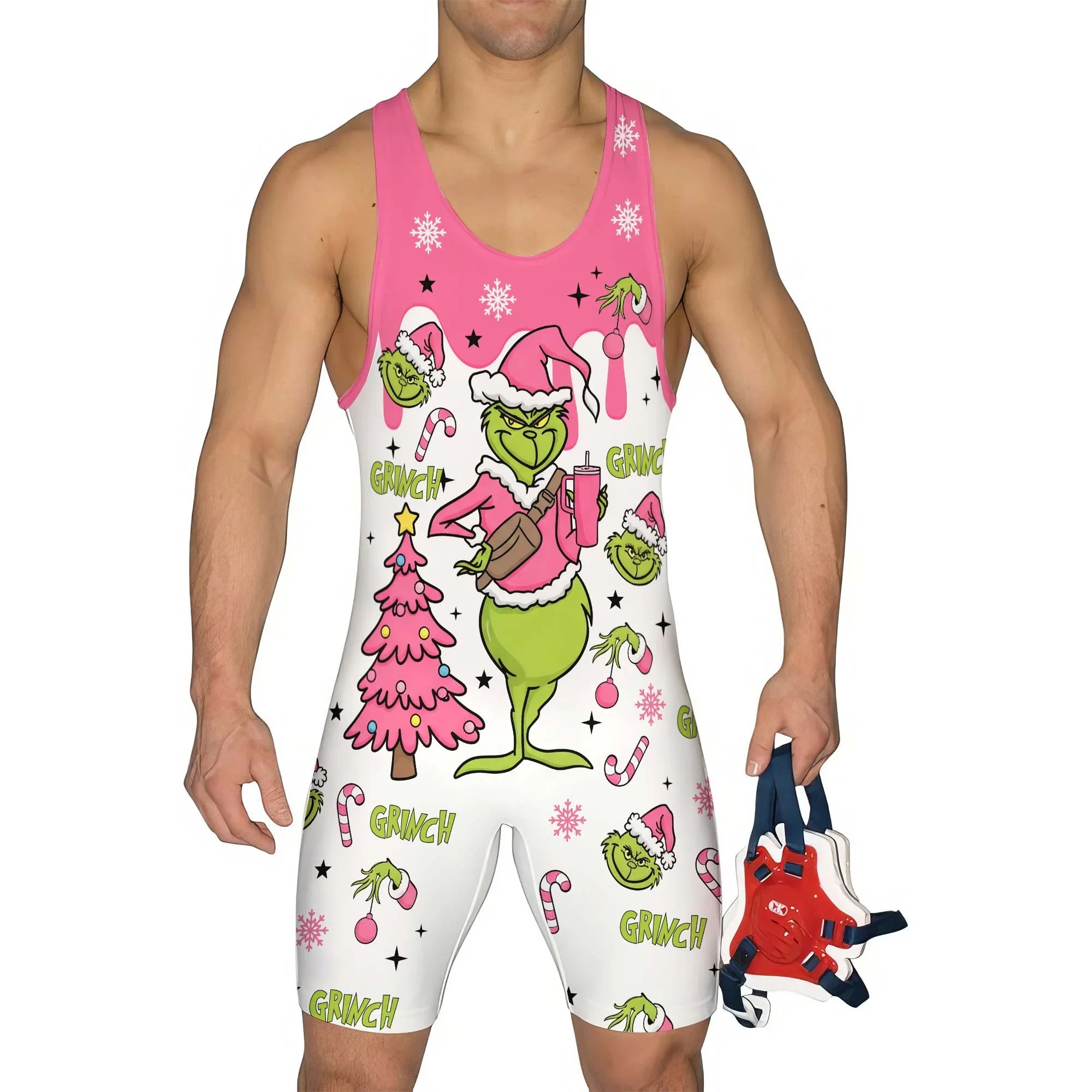 Grinch Pink Santa Wrestling Singlet
