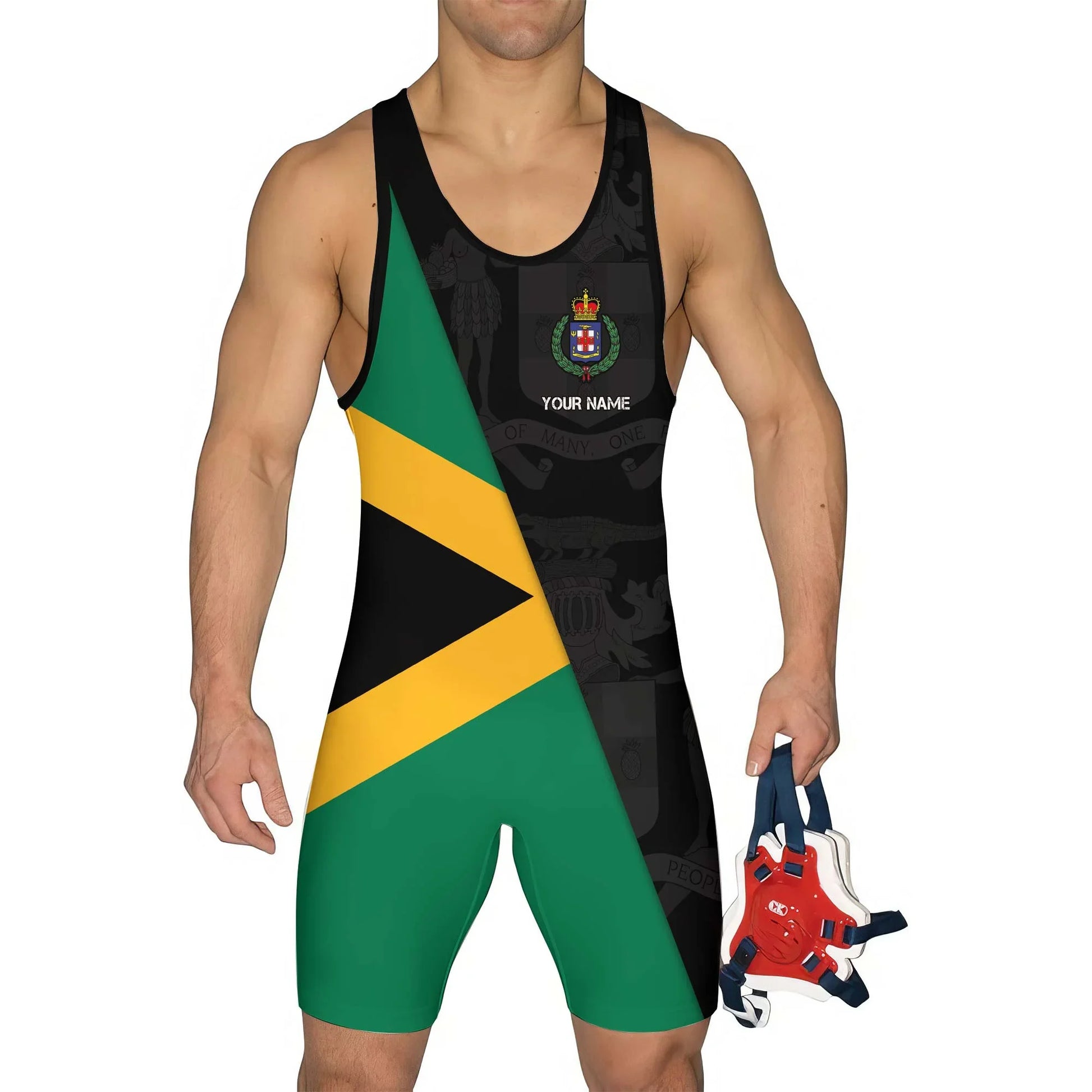 Personalized Jamaica Flag Diagonal Split Wrestling Singlet