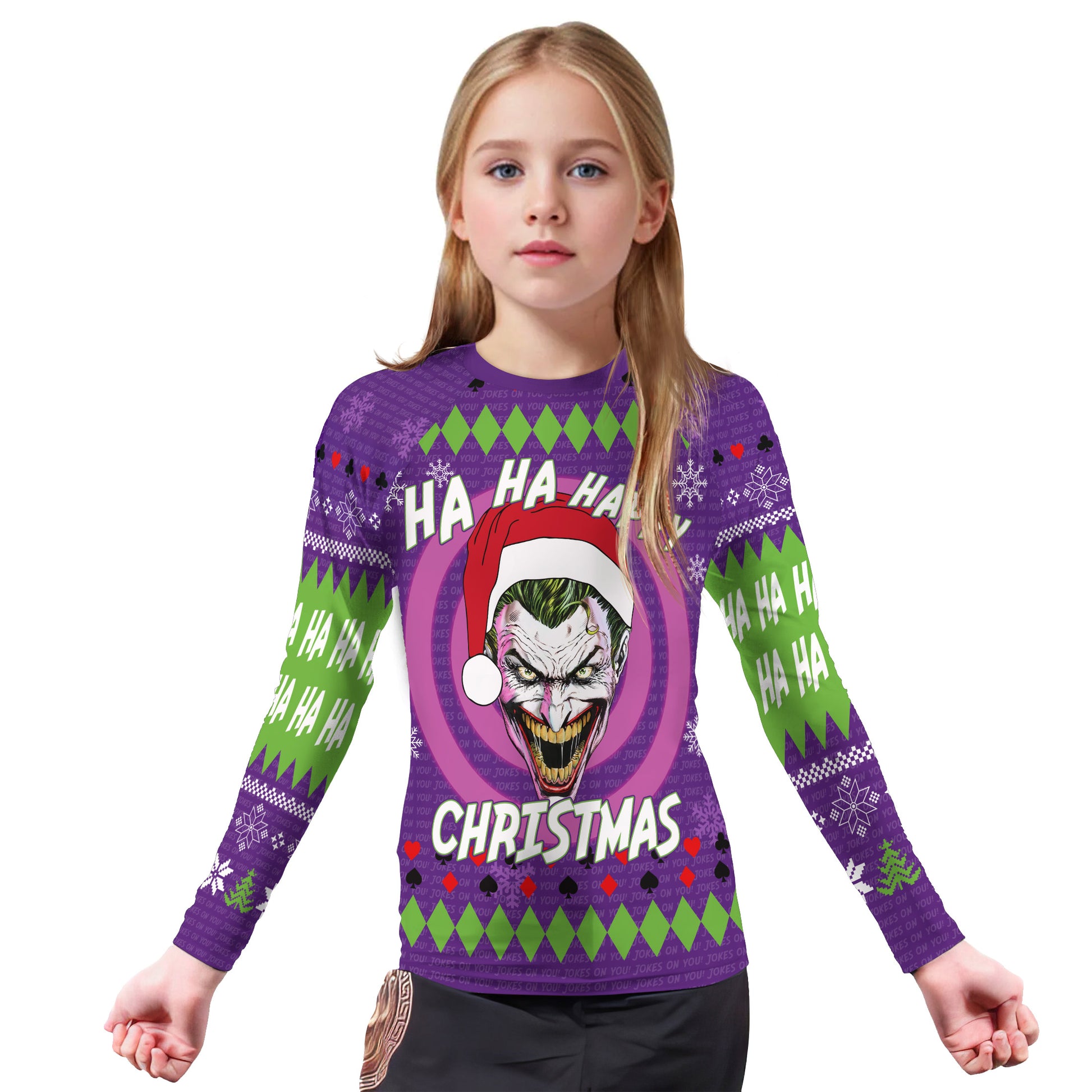 Joker Jokes on You Christmas Kids Rash Guard