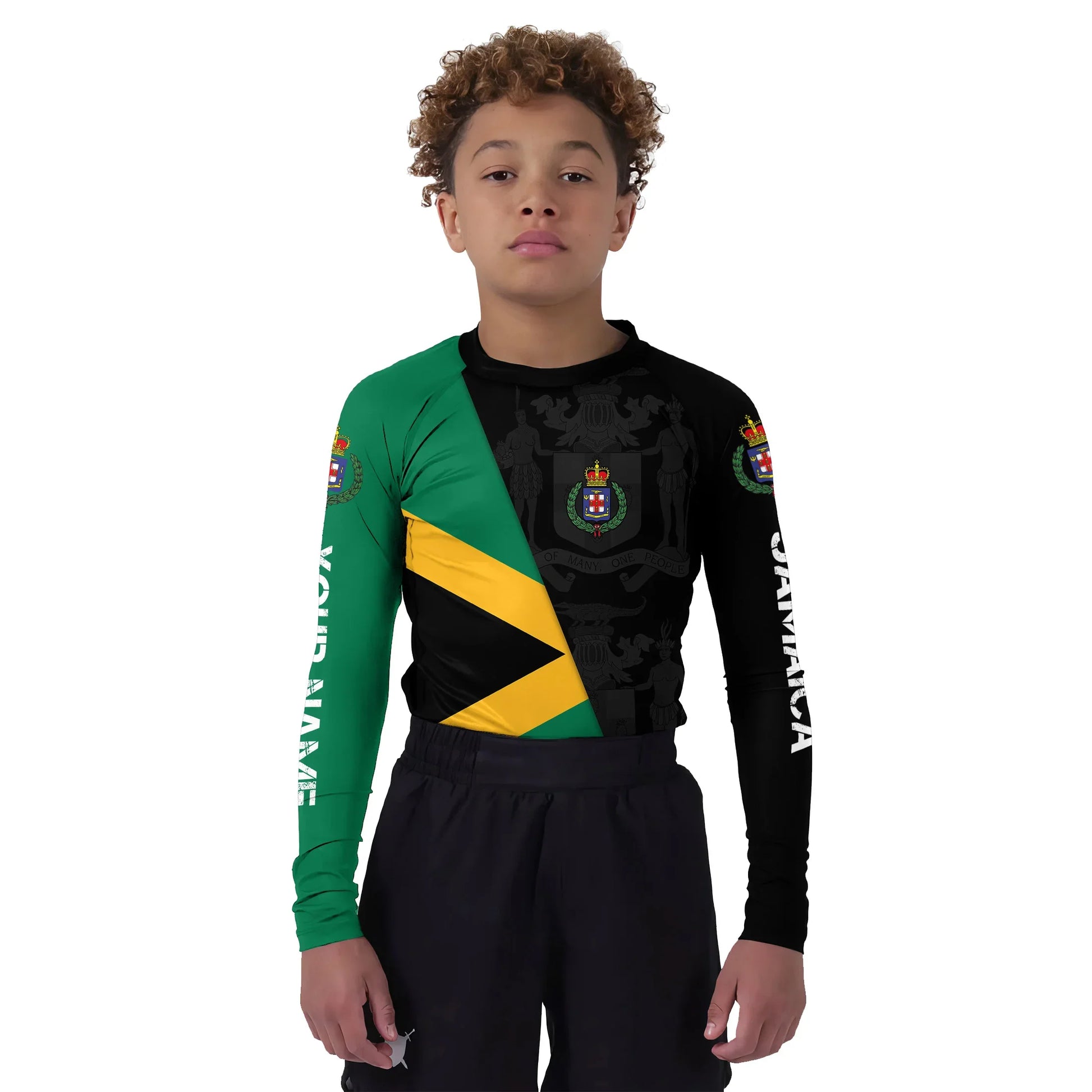 Personalized Jamaica Flag Diagonal Split Kids Rash Guard