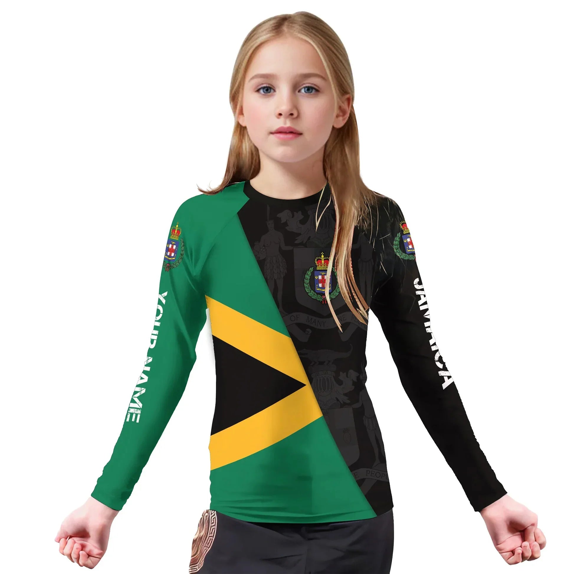 Personalized Jamaica Flag Diagonal Split Kids Rash Guard